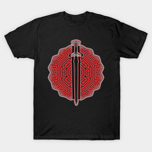 Black Sword On Pattern Maze T-Shirt by crunchysqueak